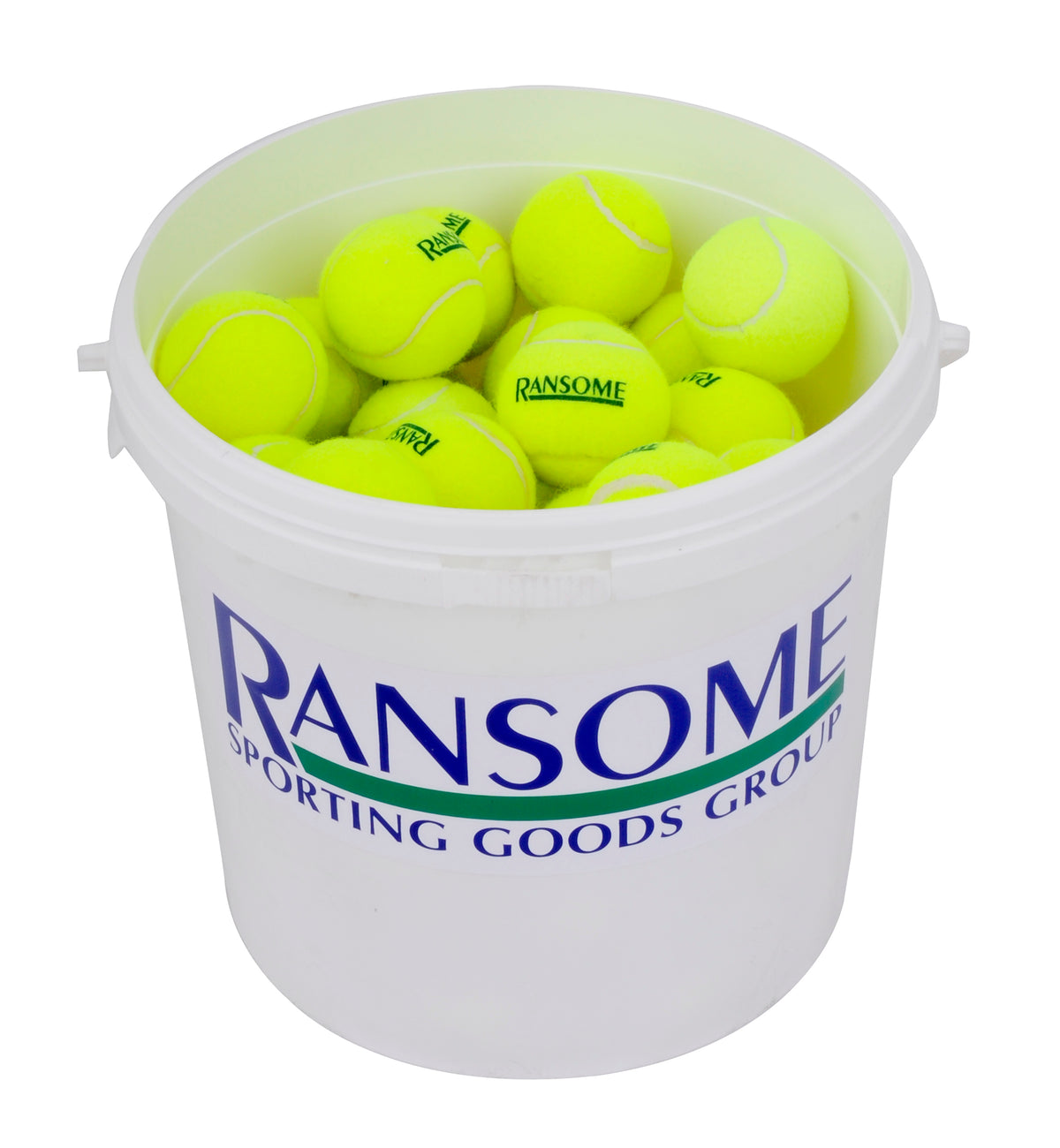 A white plastic bucket labeled Ransome Sporting Goods contains 60 bright yellow practice tennis balls, named the Ransome Bucket Of 60 Tennis Balls.