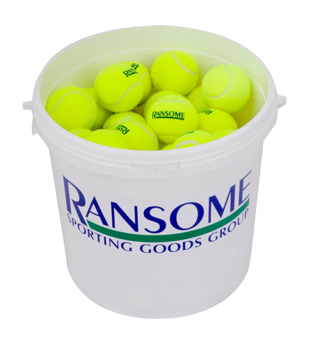 A white plastic bucket labeled Ransome Sporting Goods contains 60 bright yellow practice tennis balls, named the Ransome Bucket Of 60 Tennis Balls.