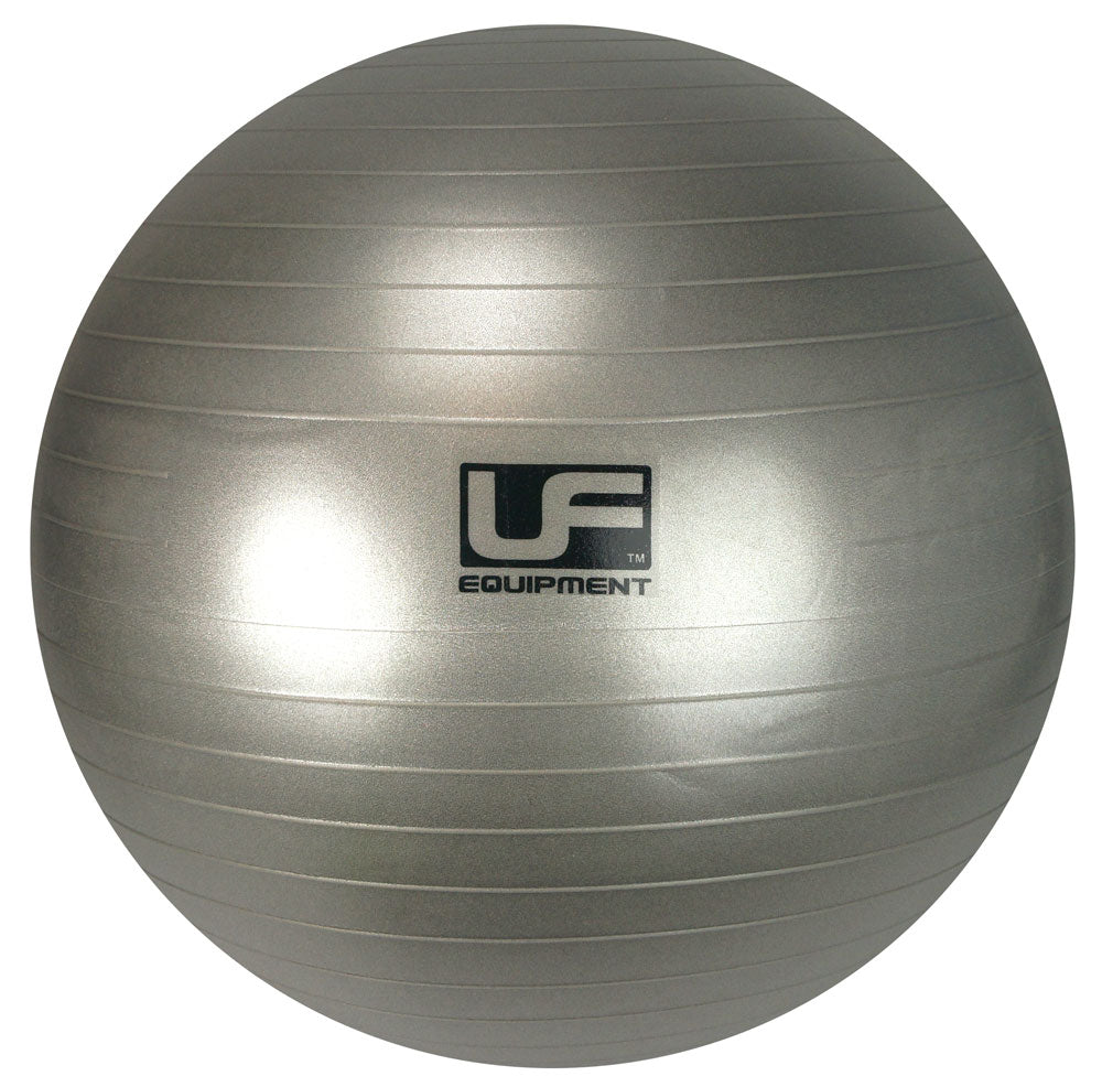 The Urban Fitness 500kg Burst-Resistant Fitness Ball 75cm is a silver exercise ball with subtle horizontal lines and the Urban Fitness logo at the center, designed for burst resistance and posture improvement, shown against a white background.