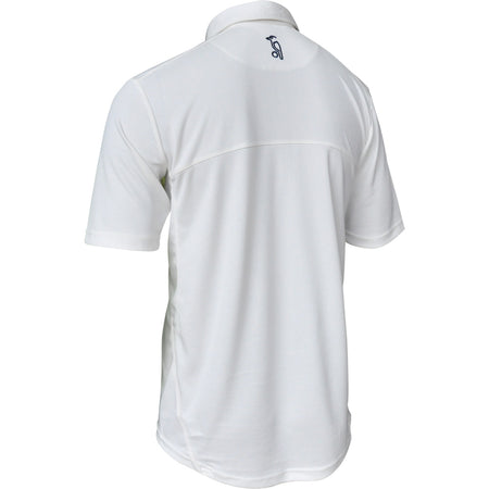 The Kookaburra Pro Players S/S Cricket Shirt Senior, shown in white with a regular fit, features a small dark embroidered logo below the collar on the back. Its short sleeves and smooth fabric provide a relaxed appearance.