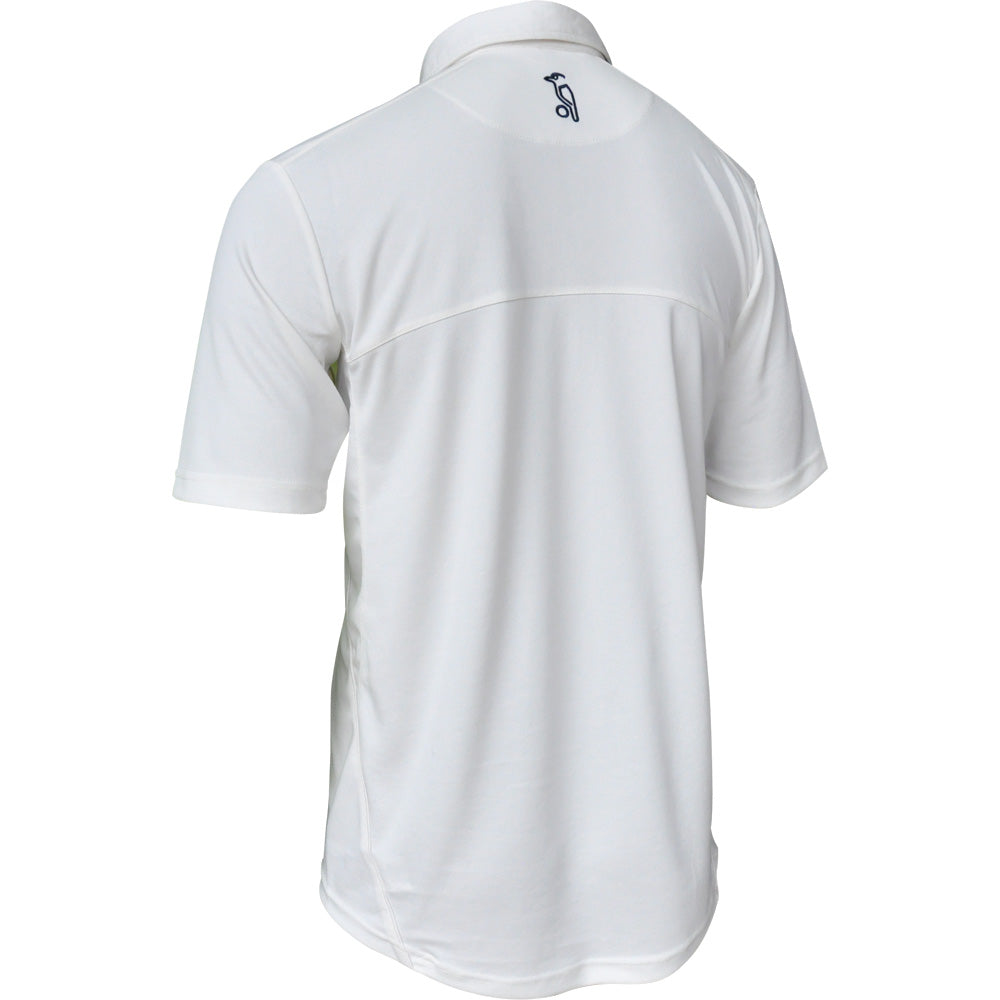 The Kookaburra Pro Players S/S Cricket Shirt Junior is shown from the back in white, with a small dark logo below the collar. Made from smooth, lightweight fabric with short sleeves, it's perfect for young cricketers.