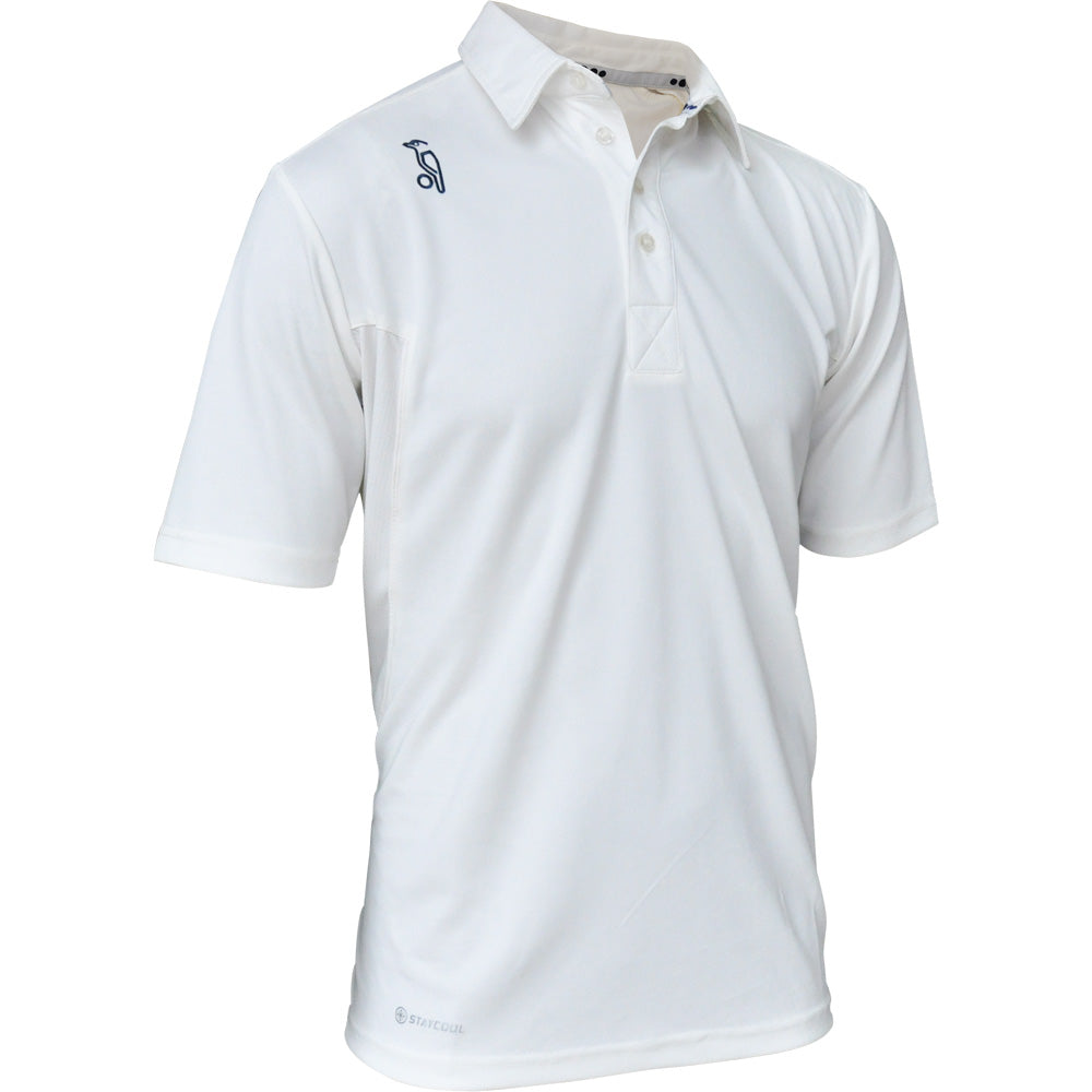 The Kookaburra Pro Players S/S Cricket Shirt Senior is a regular-fit, plain white cricket shirt with short sleeves, a collar, button placket, and small logo on the right shoulder. Made from lightweight athletic fabric for comfort and performance.