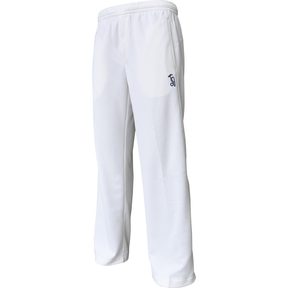 The Kookaburra Pro Players Trousers Senior by Kookaburra are white stretch cricket pants with an elastic waistband, a small dark left thigh logo, and stay cool tech—ideal for active days. Shown on a plain white background.