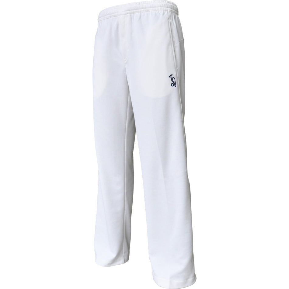 The Kookaburra Pro Players Trousers Senior by Kookaburra are white stretch cricket pants with an elastic waistband, a small dark left thigh logo, and stay cool tech—ideal for active days. Shown on a plain white background.