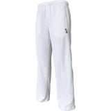 The Kookaburra Pro Players Trousers Junior by Kookaburra feature a loose fit, elastic waistband, and small dark logo on the left thigh. Made from comfortable stretch fabric, they are shown against a plain white background.
