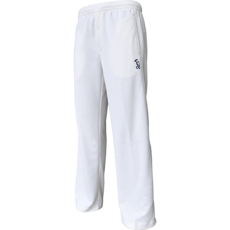 The Kookaburra Pro Players Trousers Junior by Kookaburra feature a loose fit, elastic waistband, and small dark logo on the left thigh. Made from comfortable stretch fabric, they are shown against a plain white background.