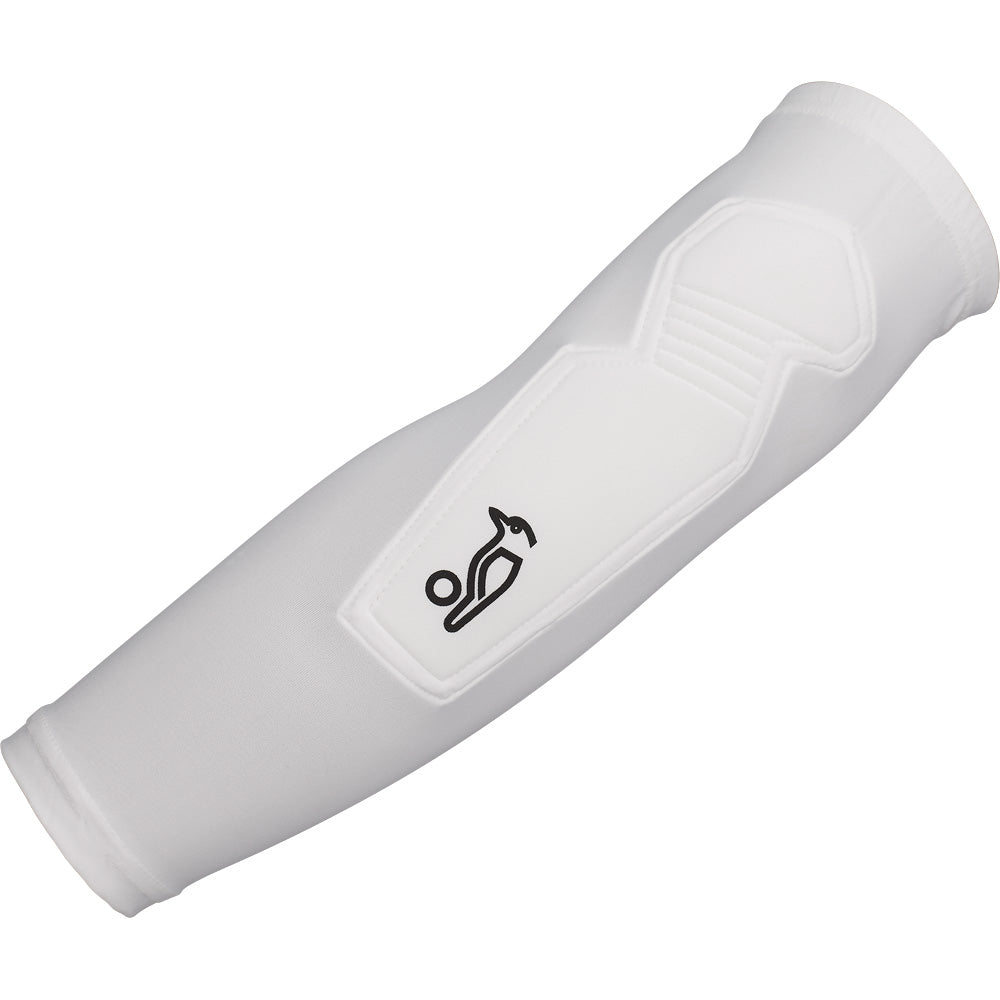 The Kookaburra Padded Scuff Sleeve is a white compression garment with padded fielding protection and a black Kookaburra logo on the forearm.