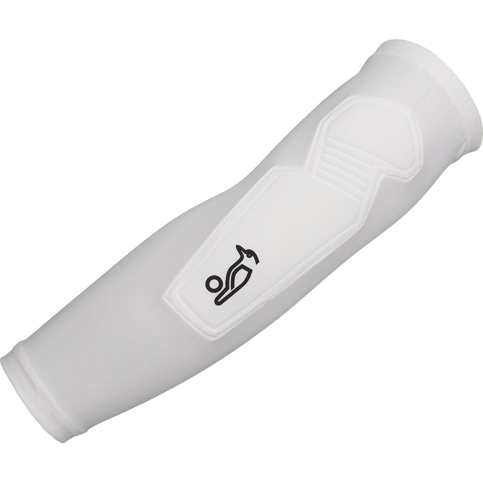 The Kookaburra Padded Scuff Sleeve is a white compression garment with padded fielding protection and a black Kookaburra logo on the forearm.