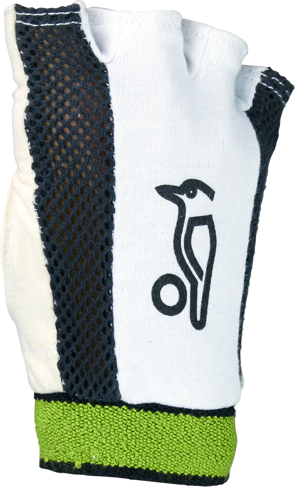 The Kookaburra Fingerless Padded WK Inners by Kookaburra feature a white design with black mesh sides, green wristband, chamois palm, and a black bird logo on the back.