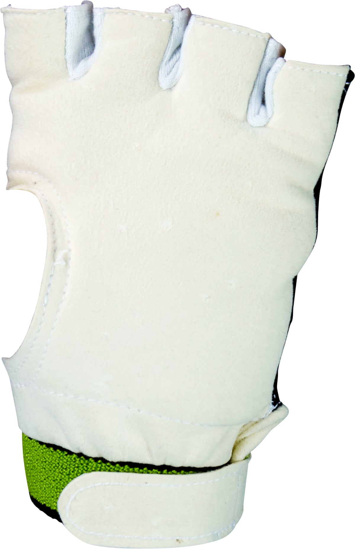 The Kookaburra Fingerless Padded WK Inners by Kookaburra is a white, fingerless glove featuring a green adjustable strap, Velcro closure, and chamois palm, displayed upright against a white background.