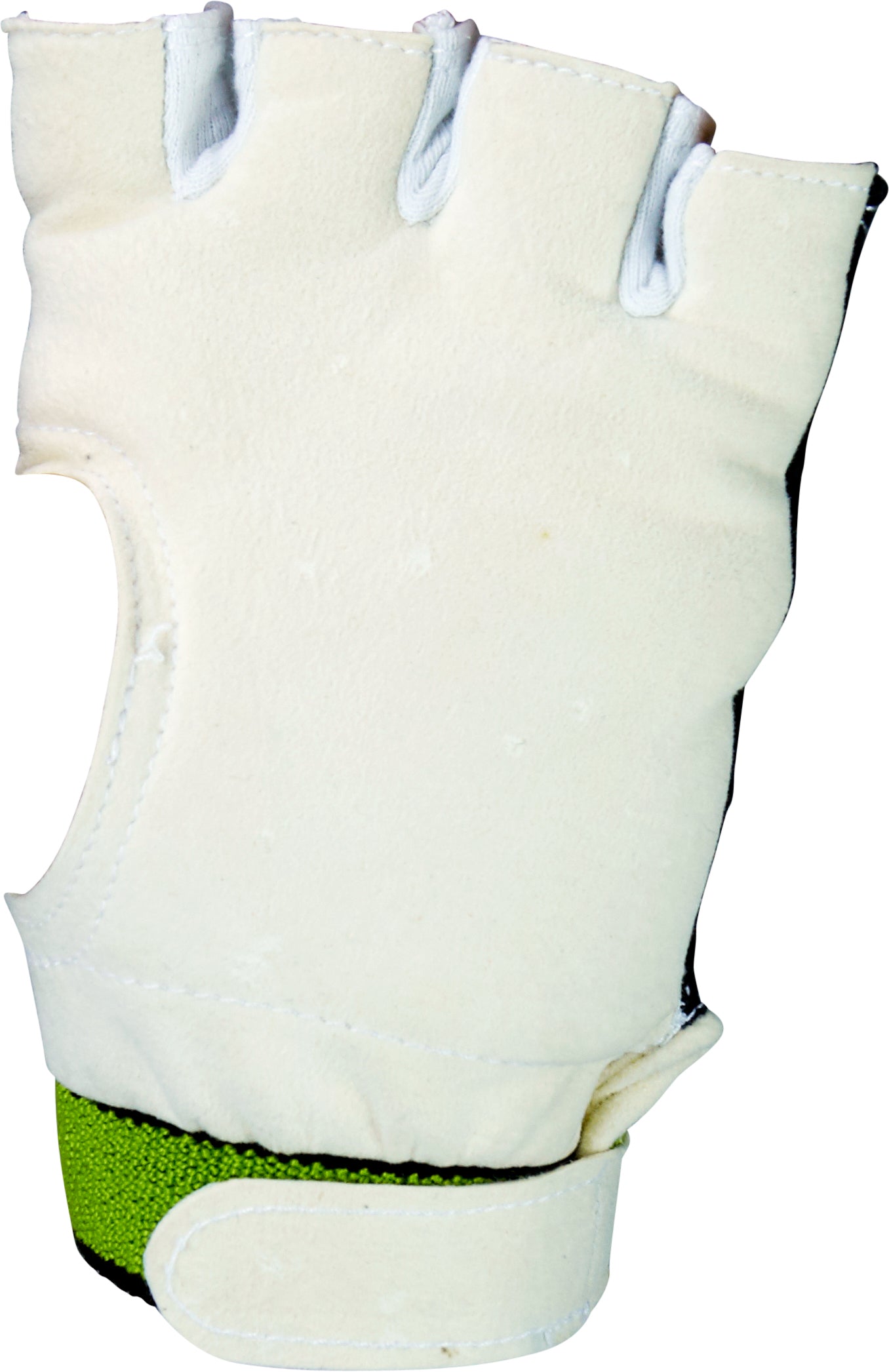 The Kookaburra Fingerless Padded WK Inners by Kookaburra is a white, fingerless glove featuring a green adjustable strap, Velcro closure, and chamois palm, displayed upright against a white background.