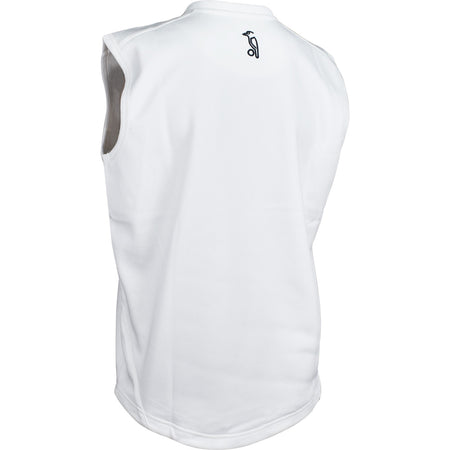 The Kookaburra Pro Players Slipover Senior by Kookaburra is a sleeveless white athletic shirt shown from the back, featuring a small black penguin logo with a tennis racket near the neck, made with senior stretch fabric for comfort and flexibility.