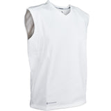The Kookaburra Pro Players Slipover Junior by Kookaburra is a sleeveless white V-neck athletic vest, made from junior stretch fabric with stay cool technology for comfort, shown against a plain white background.