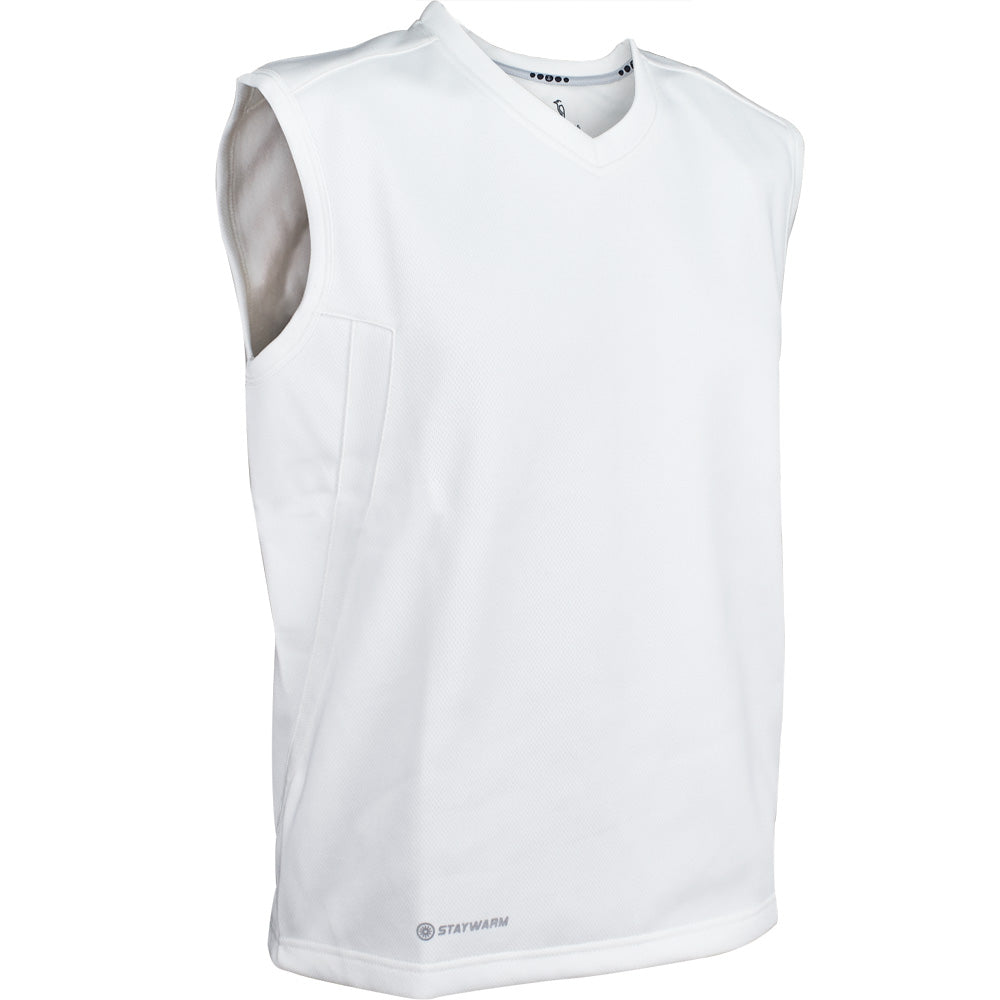 The Kookaburra Pro Players Slipover Junior by Kookaburra is a sleeveless white V-neck athletic vest, made from junior stretch fabric with stay cool technology for comfort, shown against a plain white background.