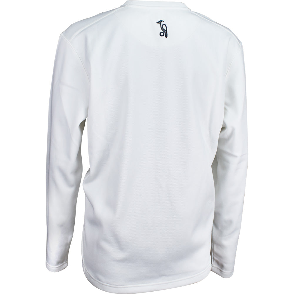 The Kookaburra Pro Players Sweater Senior is a white long-sleeve top shown from the back, featuring a small black penguin logo below the collar and made from stretch fabric for enhanced comfort.