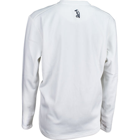The Kookaburra Pro Players Sweater Senior is a white long-sleeve top shown from the back, featuring a small black penguin logo below the collar and made from stretch fabric for enhanced comfort.