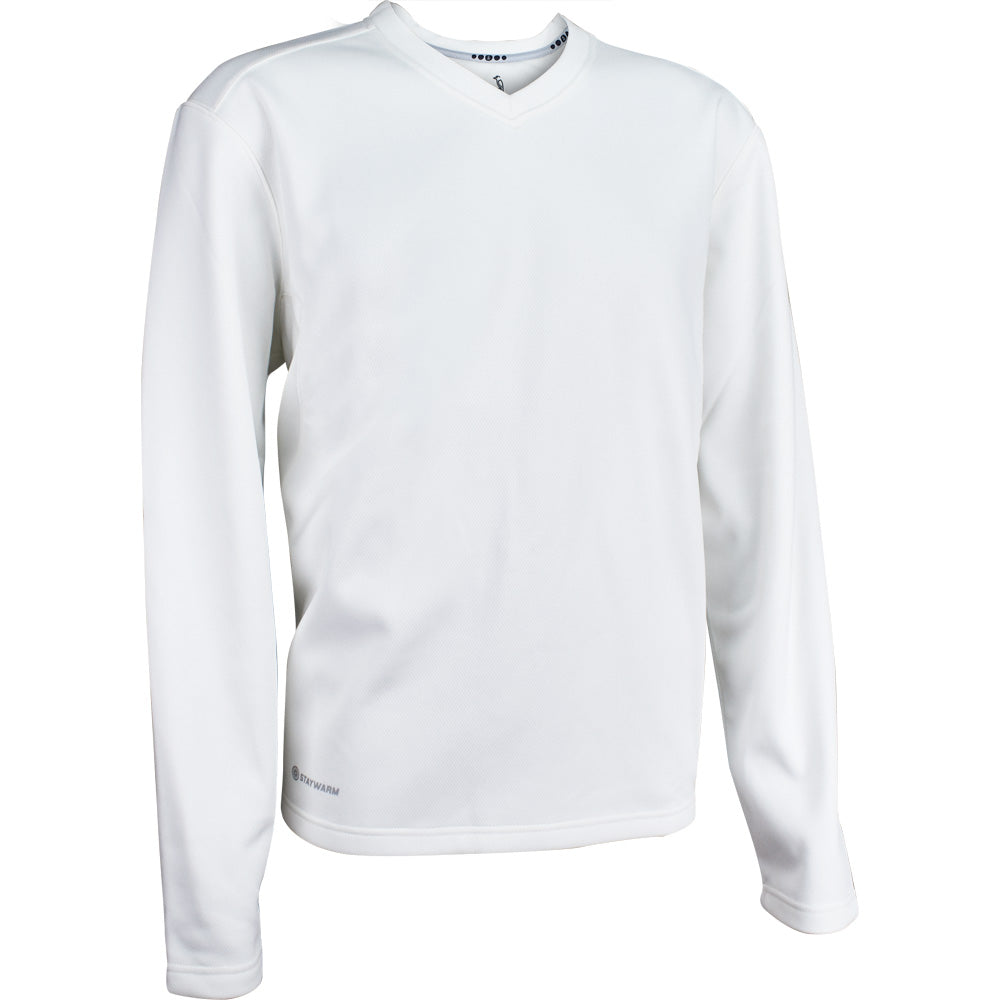 The Kookaburra Pro Players Sweater Senior by Kookaburra is a plain white, long-sleeve, V-neck athletic shirt with stretch fabric, relaxed fit, and subtle stitching. Displayed on a white background, it features no visible logos or graphics.