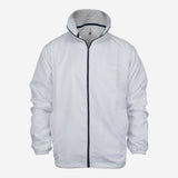 The Kookaburra Umpires Jacket by Kookaburra is a white polyester jacket featuring a high collar, elastic cuffs, two side pockets, and a small chest pocket, shown on a plain white background.