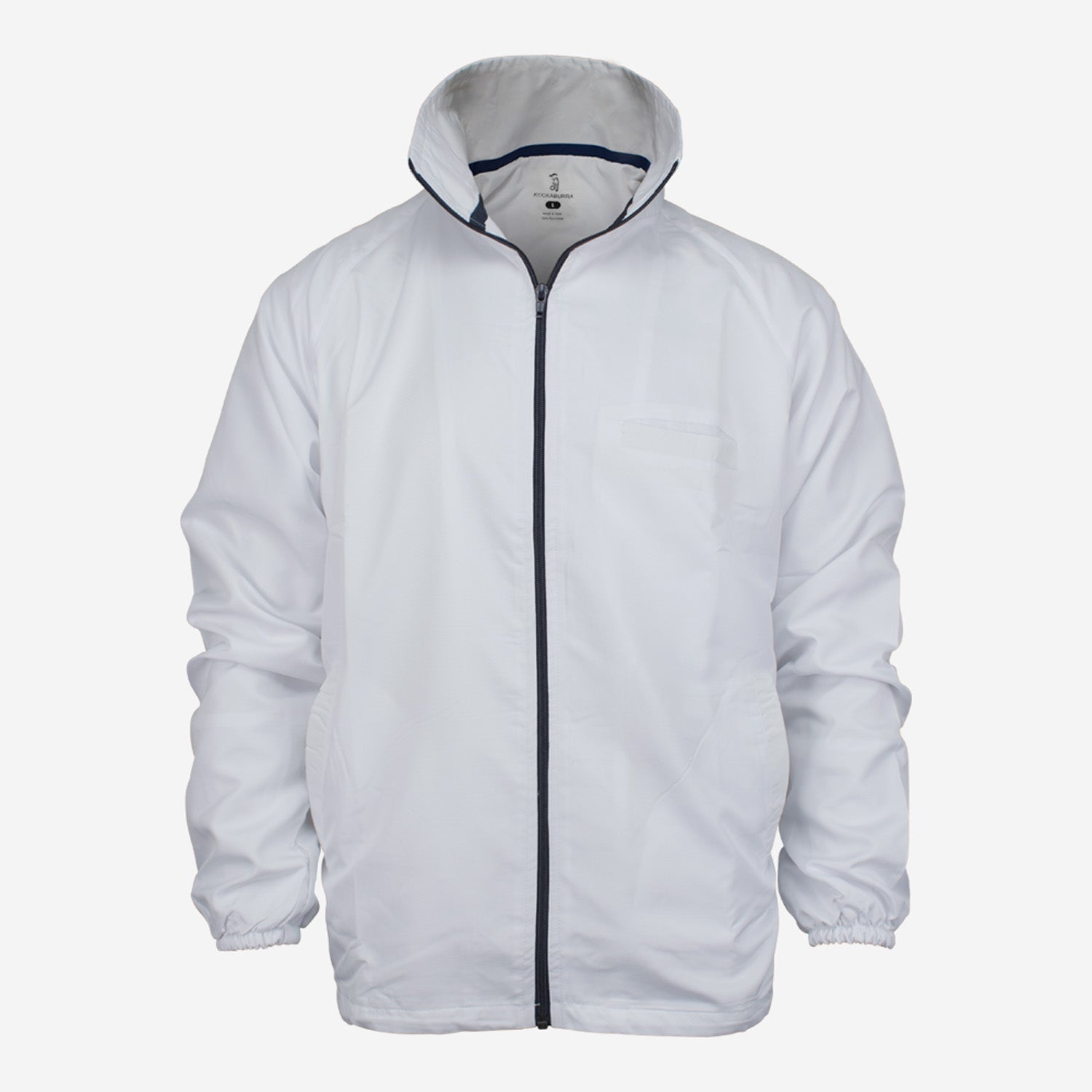 The Kookaburra Umpires Jacket by Kookaburra is a white polyester jacket featuring a high collar, elastic cuffs, two side pockets, and a small chest pocket, shown on a plain white background.