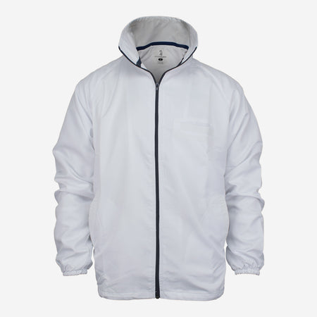 The Kookaburra Umpires Jacket by Kookaburra is a white polyester jacket featuring a high collar, elastic cuffs, two side pockets, and a small chest pocket, shown on a plain white background.
