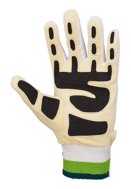 The Kookaburra Ultimate Wicket Keeping Inner by Kookaburra is a beige and black glove with padded black grip on the palm and fingers, ergonomic memory foam, and a white, green, and blue elastic cuff for a secure fit.