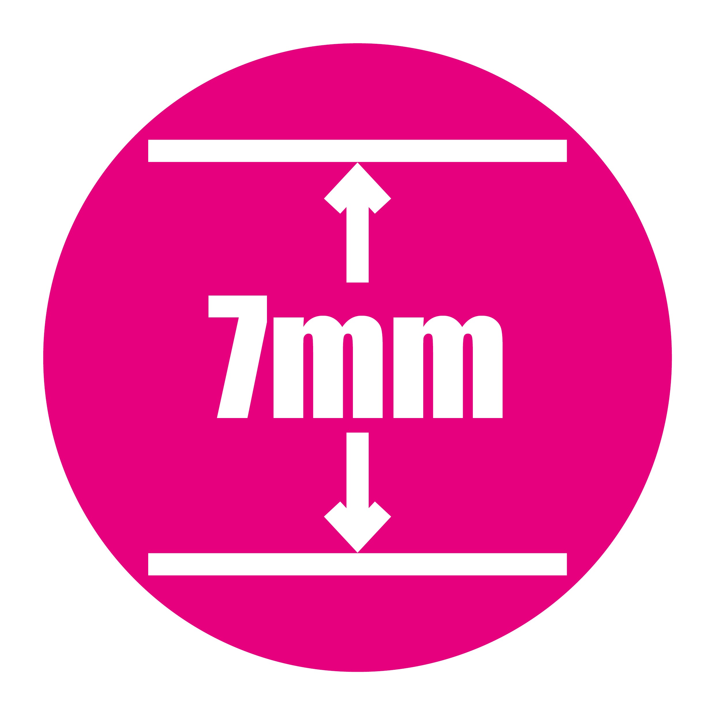 A magenta circle displays “7 mm” in bold white text with flanking arrows, emphasizing the 7mm melamine top of the Butterfly Garden Rollaway 7000 outdoor table tennis table.