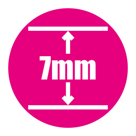 A magenta circle displays “7 mm” in bold white text with flanking arrows, emphasizing the 7mm melamine top of the Butterfly Garden Rollaway 7000 outdoor table tennis table.