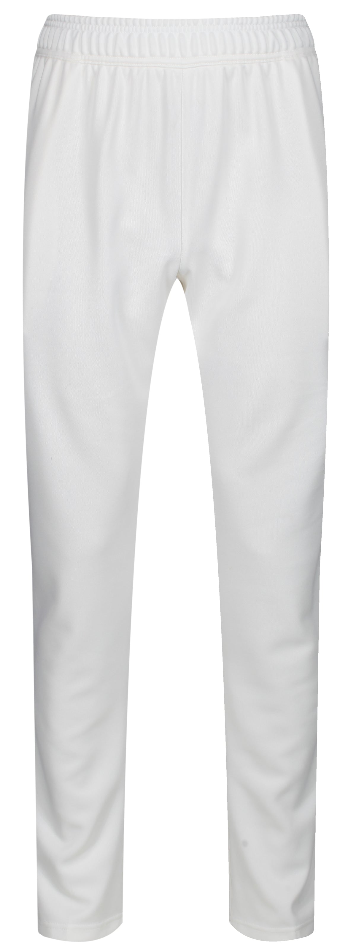 The MBS Premium Cricket Trousers - Senior by Martin Berrill Sports feature an elastic waistband and tapered fit, crafted from double knit polyester in plain white, displayed against a white background.