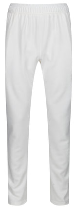 The MBS Premium Cricket Trousers - Senior by Martin Berrill Sports feature an elastic waistband and tapered fit, crafted from double knit polyester in plain white, displayed against a white background.