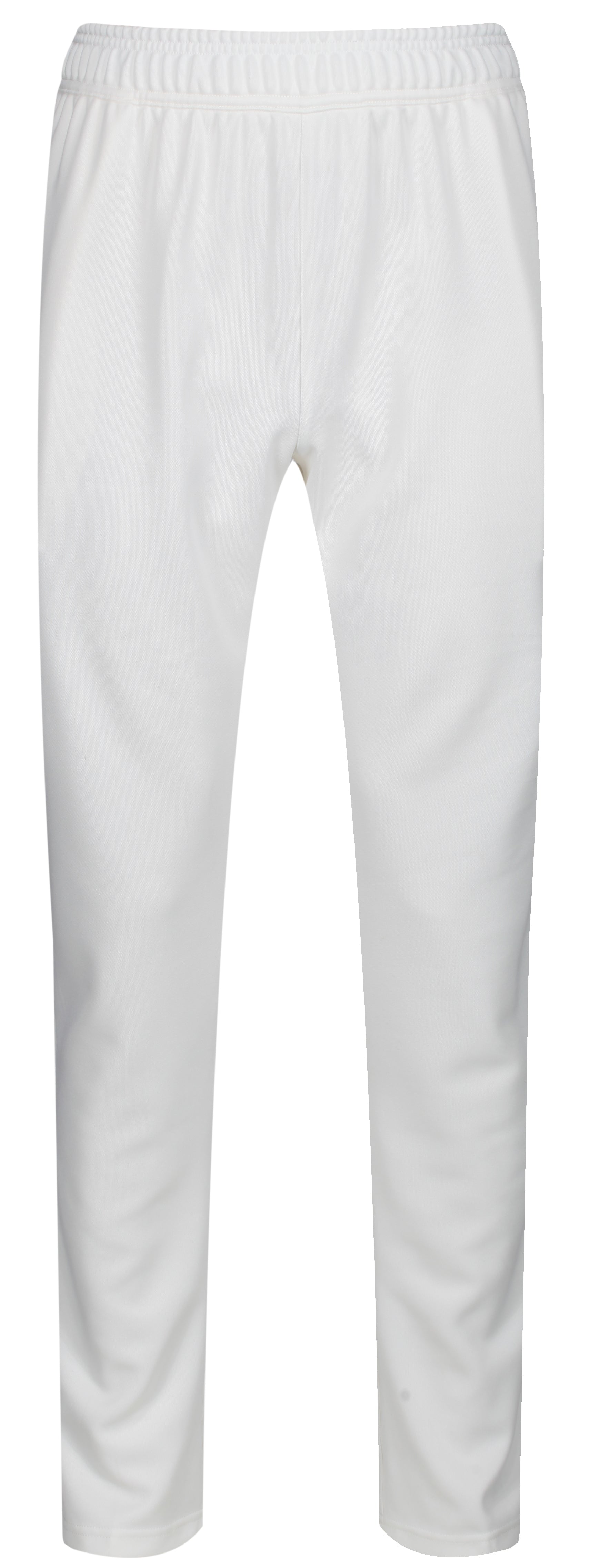 The MBS Premium Cricket Trousers - Senior by Martin Berrill Sports feature an elastic waistband and tapered fit, crafted from double knit polyester in plain white, displayed against a white background.