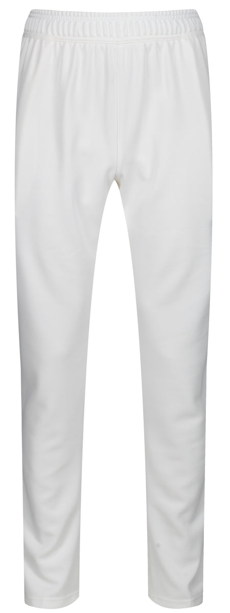 The MBS Premium Cricket Trousers - Junior by Martin Berrill Sports feature a tapered fit and elastic waistband in plain white, shown against a white background.