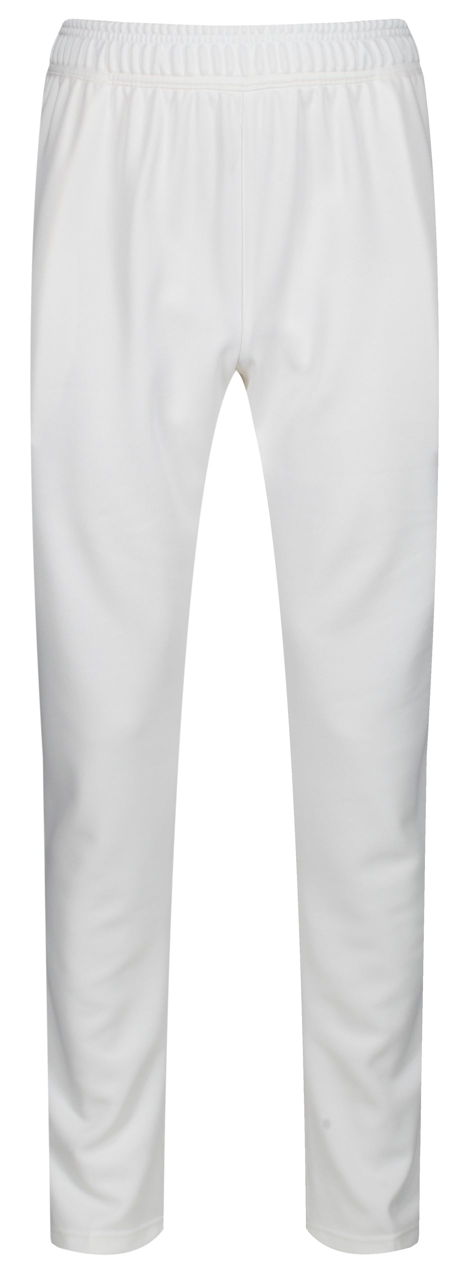 The MBS Premium Cricket Trousers - Junior by Martin Berrill Sports feature a tapered fit and elastic waistband in plain white, shown against a white background.