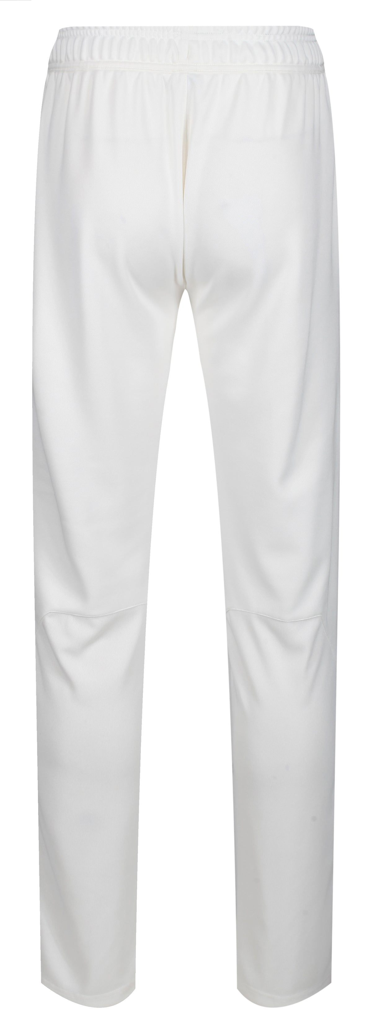 The MBS Premium Cricket Trousers - Senior by Martin Berrill Sports feature a tapered fit, elastic waistband, and durable double knit polyester. Shown from the back, these plain white trousers are ideal for cricket players seeking comfort and style.
