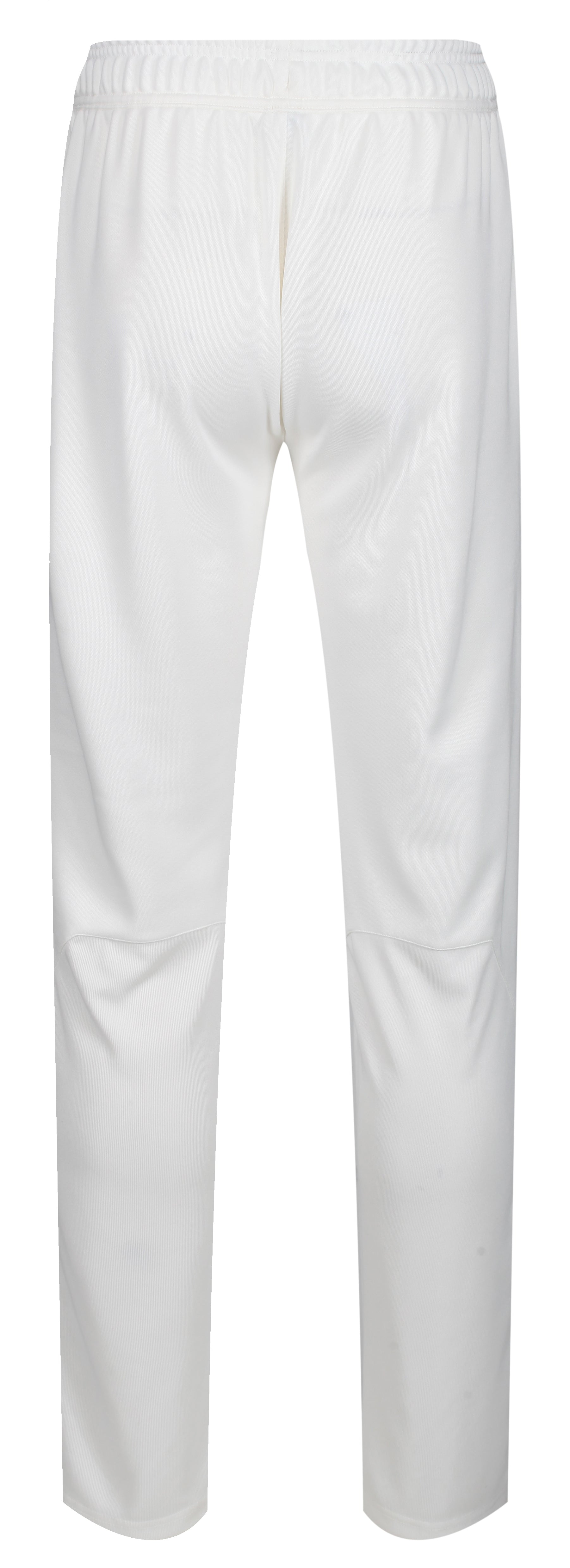 The MBS Premium Cricket Trousers - Senior by Martin Berrill Sports feature a tapered fit, elastic waistband, and durable double knit polyester. Shown from the back, these plain white trousers are ideal for cricket players seeking comfort and style.