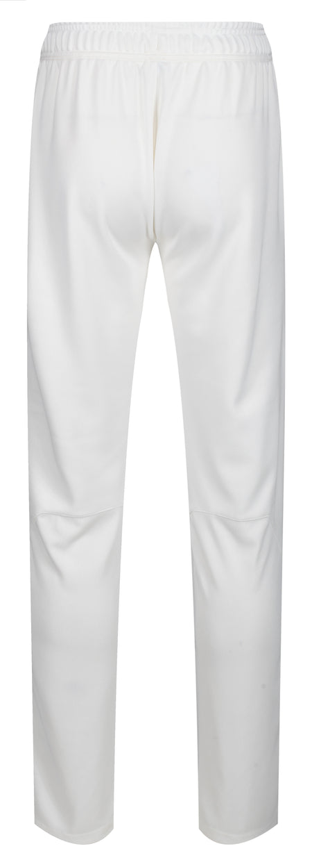 The MBS Premium Cricket Trousers - Junior by Martin Berrill Sports feature an elastic waistband and straight legs, offering classic comfort in a plain white design, shown from the back.