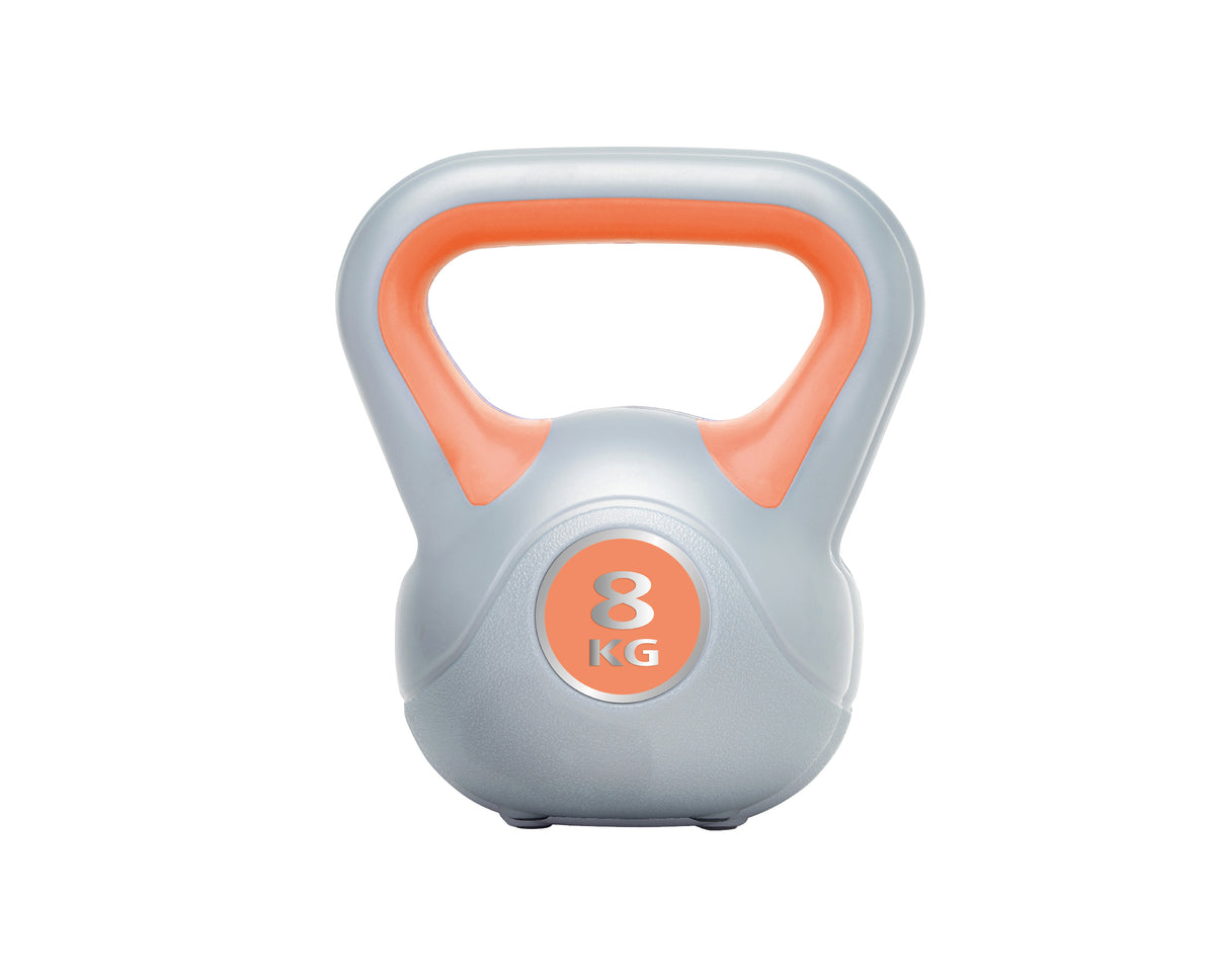 The Urban Fitness Vinyl Kettlebell by Urban Fitness is gray and orange, features a large handle, and has 8 KG labeled on the front. It is designed for functional strength and core stability, shown against a white background.