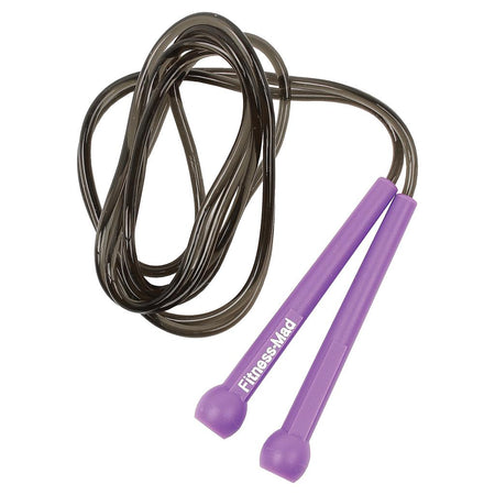 The Yoga-Mad Speed Rope by Martin Berrill Sports features durable purple handles and comes coiled on a white background, ideal for speed skipping workouts or as a gift in retail packaging.