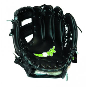 The Bronx Baseball Glove - 9.5" by Bronx is a black left-hand junior glove with green "BRONX" on the palm, "NYLON STITCHED 9.5"" on the thumb, and features white stitching and laces for young players.