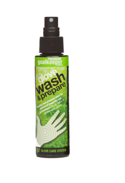 A green 250ml GloveGlu Wash & Prepare bottle with a black cap, featuring goalkeeping gloves on the label, is designed to clean and enhance glove grip.