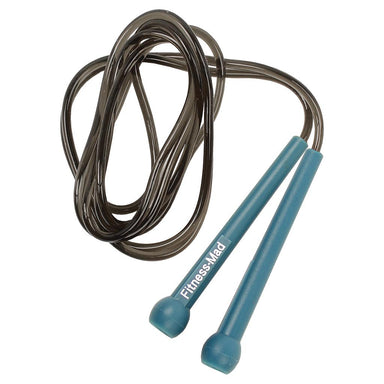A black durable Yoga-Mad Speed Rope by Martin Berrill Sports, with blue handles, is shown coiled loosely on a white background.