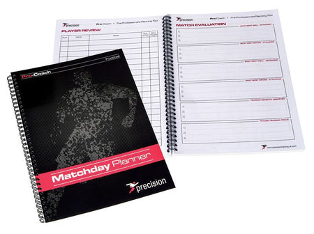 Two Precision Training A4 Football Match Day Planners are shown; one is closed, while the other is open to pages for match planning, team line-ups, and player review.