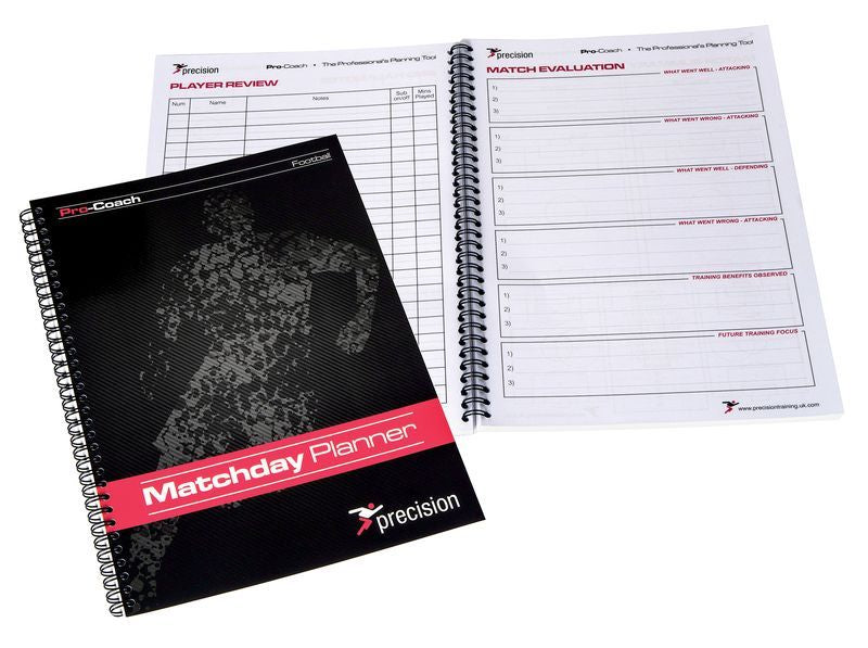 Two Precision Training A4 Football Match Day Planners are shown; one is closed, while the other is open to pages for match planning, team line-ups, and player review.