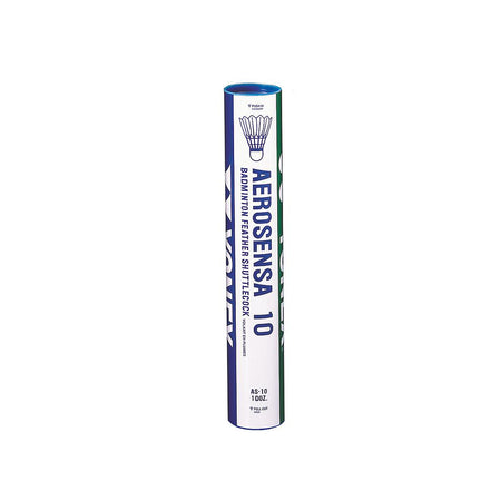 A tube of 12 Yonex Aerosensa 10 feather shuttlecocks, featuring blue, white, and green packaging with a shuttlecock graphic near the top.