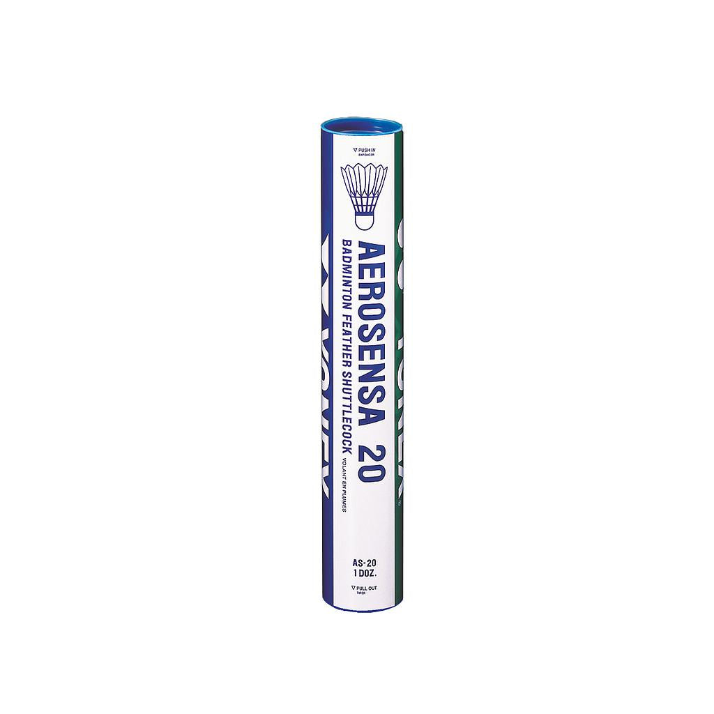 A blue and white cylindrical tube of Yonex Aerosensa 20 Shuttles (Tube of 12) by Yonex, featuring official feather shuttlecock quality, stands upright on a white background.