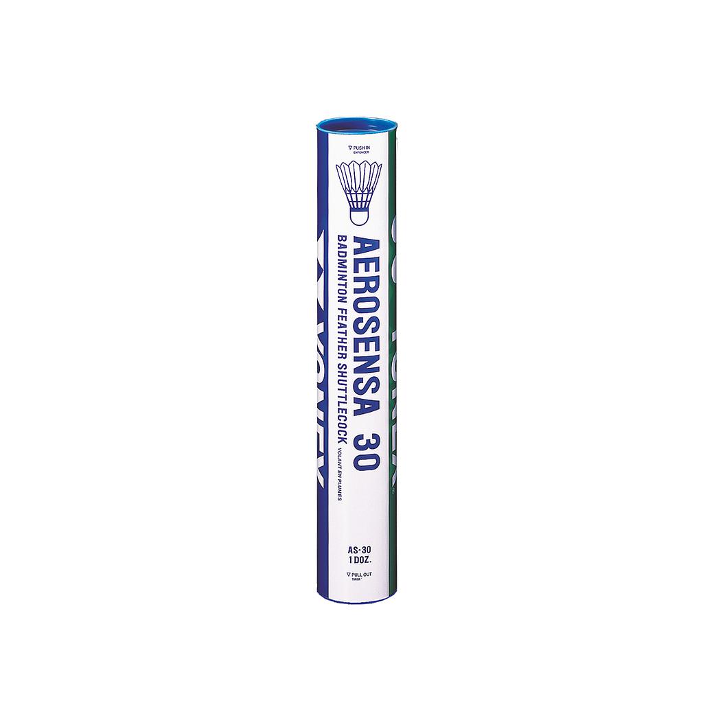 A tube of 12 Yonex Aerosensa 30 Shuttles, featuring Yonex branding, a blue lid, white and blue label, and a shuttlecock image on the packaging.