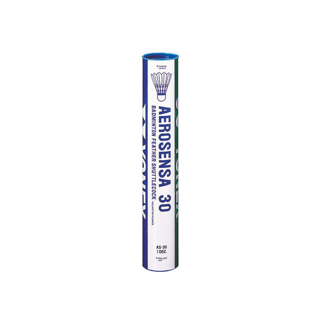 A tube of 12 Yonex Aerosensa 30 Shuttles, featuring Yonex branding, a blue lid, white and blue label, and a shuttlecock image on the packaging.
