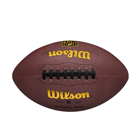The Wilson NFL Tailgate American Football features brown leather, black laces, yellow branding, and a butyl rubber bladder for air retention. Labeled "Official Size," the Wilson ball is shown against a plain white background.