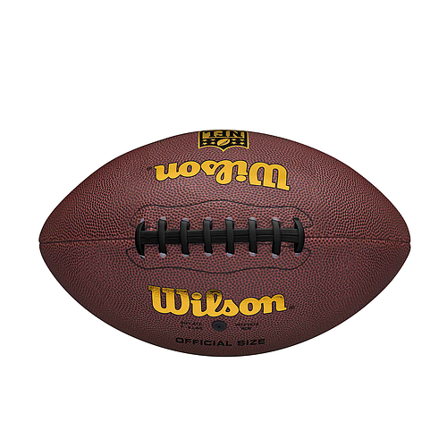 The Wilson NFL Tailgate American Football features brown leather, black laces, yellow branding, and a butyl rubber bladder for air retention. Labeled "Official Size," the Wilson ball is shown against a plain white background.