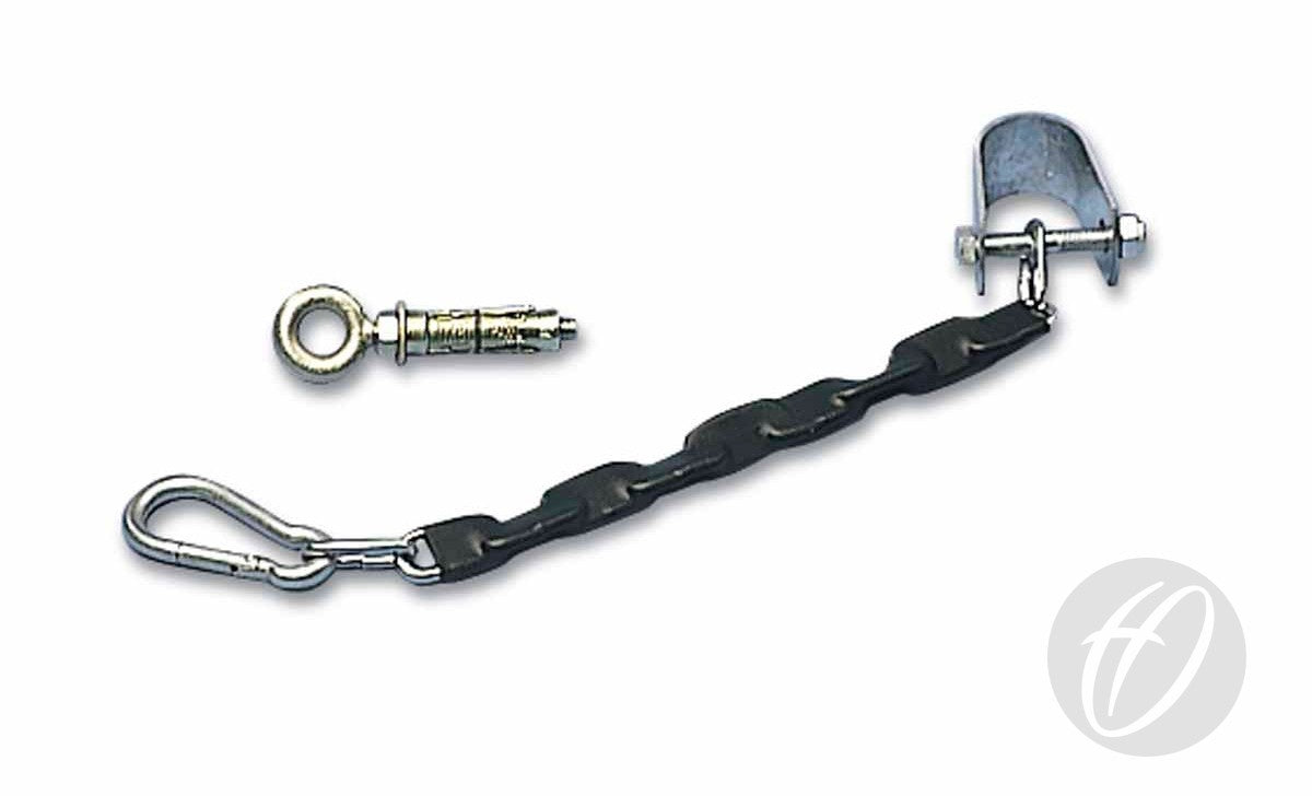 The Harrod Sport Wall Fixed Sportshall Anchors include a metal security chain with a carabiner and bracket, plus an anchor bolt with eyelet. Both items are shown on a white background.