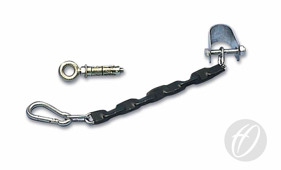 The Harrod Sport Wall Fixed Sportshall Anchors include a metal security chain with a carabiner and bracket, plus an anchor bolt with eyelet. Both items are shown on a white background.